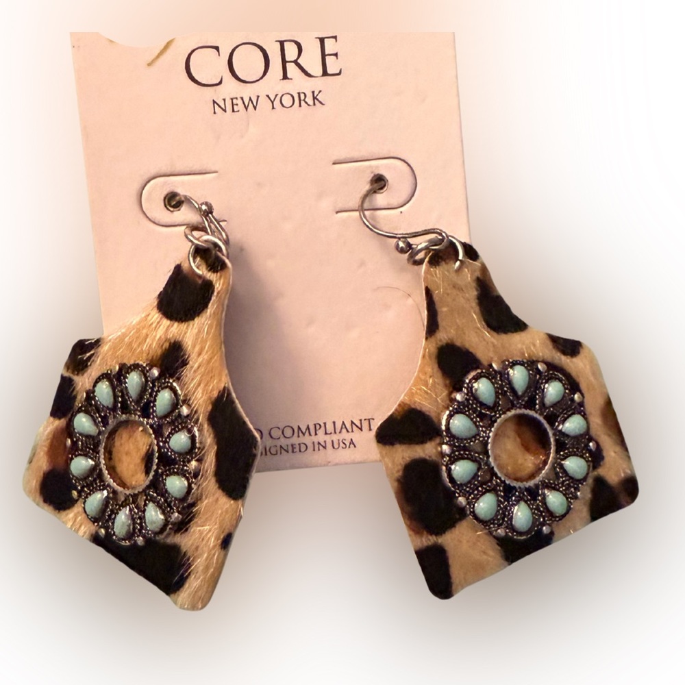 Western‎ Ear Tag Leopard Print Earrings with Turquoise Accents NWT